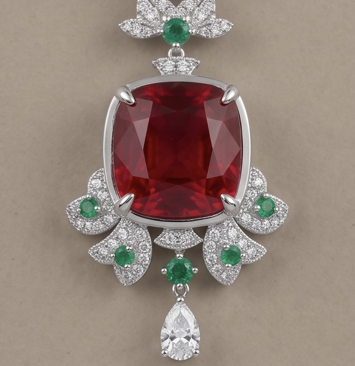 Luxurious 12.9 carat natural Mozambique Ruby rhodium over .925 Sterling Silver .925 Sterling Silver Statement Necklace - Close-up of luxurious 12.9 carat Mozambique ruby pendant with emeralds.