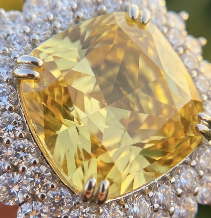 Solid asscher cut 25.8 carat Genuine Yellow Sapphire .925 Sterling Silver handcrafted ring size 6 - Close-up of 25.8 carat yellow sapphire with diamond halo.