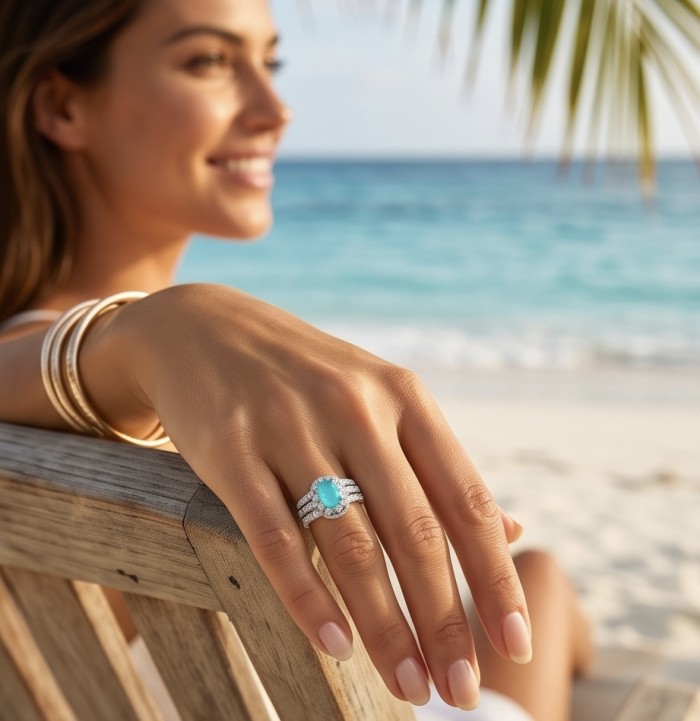 Elizabeth 4.2 carat Colombian Emerald .925 Sterling Silver dipped in Rhodium handcrafted Ring size 7 - Emerald ring worn on hand, beach background, close-up view.