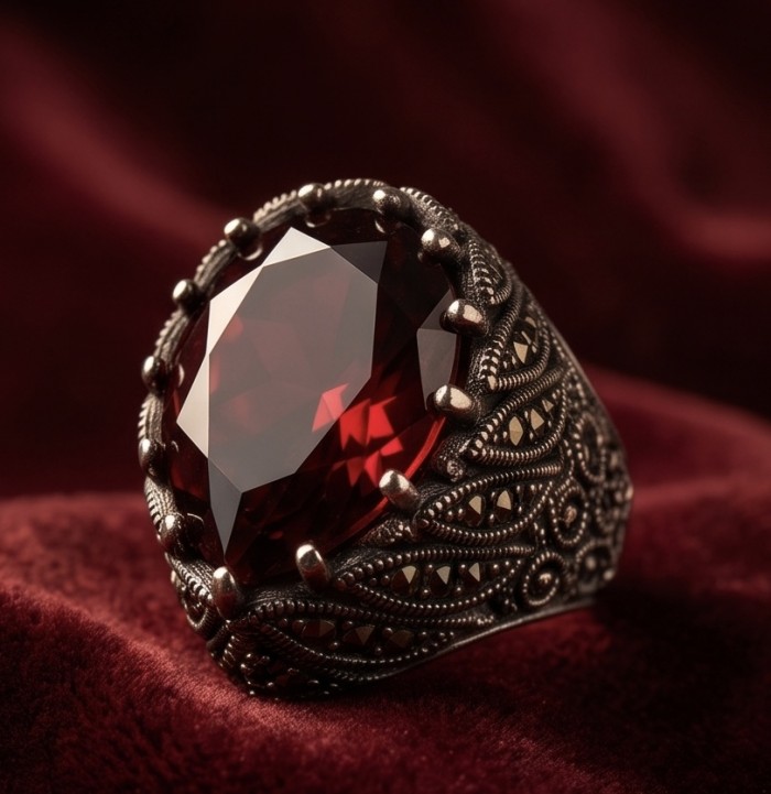 Celestrial Energy Natural 29.4 carat Garnet Marcasite .925 Sterling Silver handmade Large Statement Ring size 7 - Close-up of ornate silver ring with large red garnet stone