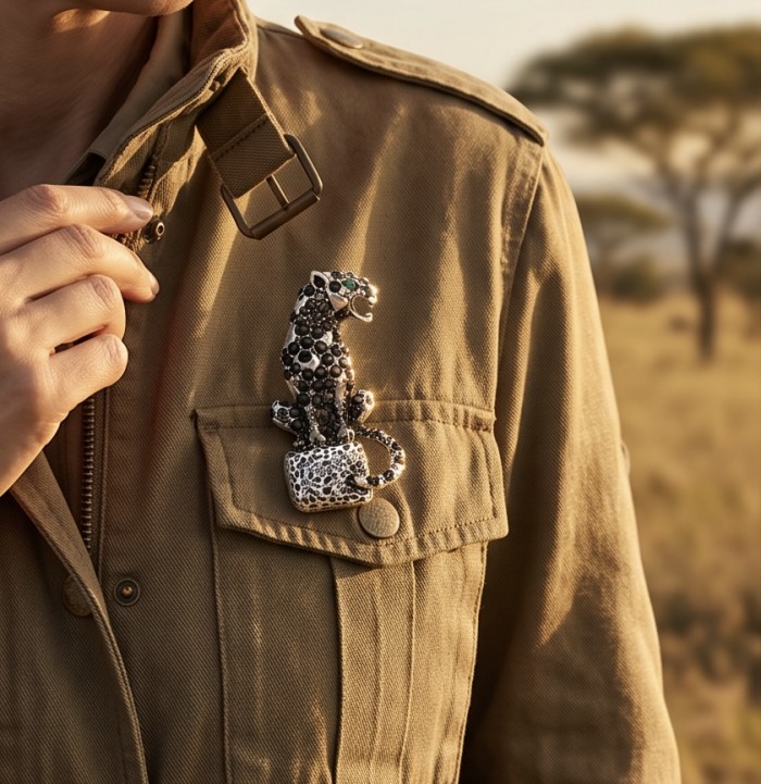 Gephard Natural 7.8 carat SAPPHIRE rhodium over .925 Sterling Silver handmade Brooch - Sapphire panther brooch on jacket, front view close-up.