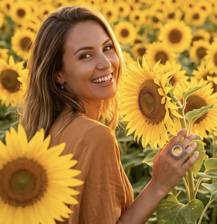 Gabriella 42.6 carat Lemon Quartz Peridot rhodium over .925 Sterling Silver handcrafted Statement ring size 9 - Woman wearing Gabriella ring with sunflower in background.