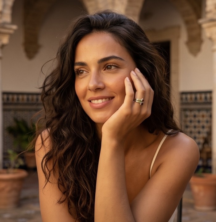 Passion 4.1 carat natural Garnet rhodium over .925 Sterling Silver Handcrafted Ring size 8 - Woman smiling wearing Passion garnet ring, side view