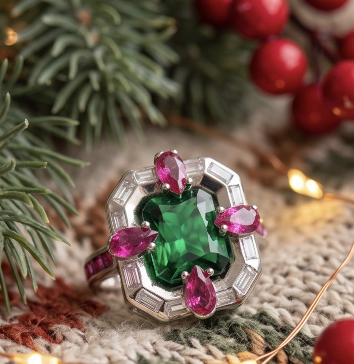 Art Deco 8.6 ctw Emerald .925 Sterling Silver handcrafted Statement Ring size 8 - Close-up of Art Deco emerald ring with pink accents on festive background.