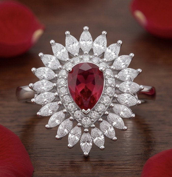 Exquisite 2.1 ctw Mozambique Ruby .925 Sterling Silver handcrafted Statement Ring size 7 - Close-up of Mozambique ruby and silver ring with intricate detailing.