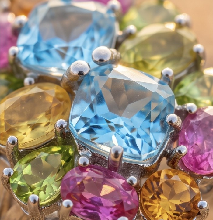 Countless Belssings Natural 23.8 carat Swiss Blue Topaz .925 Sterling Silver dipped in rhodium handmade Statement Ring size 8 - Close-up of multicolored gemstones in a jewelry setting.