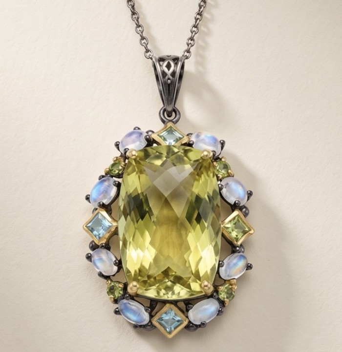 Perfection fancy emerald cut 30.3 carat Lemon Quartz black rhodium over .925 Sterling Silver handcrafted 2 tones pendant - Lemon Quartz pendant with multi-stone halo, front view.