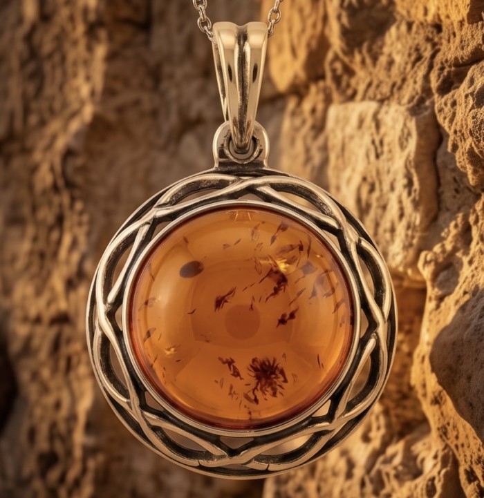 Prehistoric Authentic Baltic Amber .925 Sterling Silver beautifully handcrafted Pendant - Close-up of Baltic amber pendant in sterling silver setting.