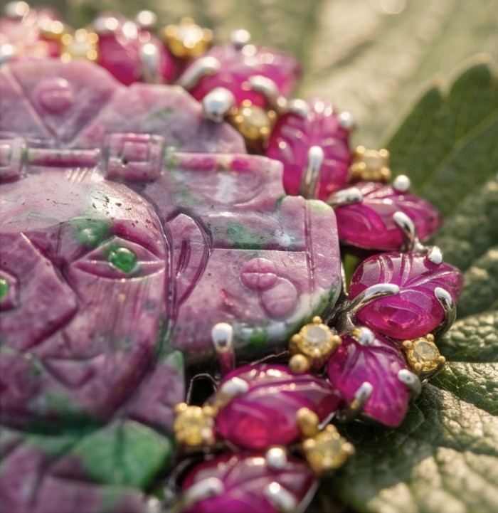 Picasso Carving 34ct Handmade Authentic best quality Ruby in Zoisite 14K Gold over .925 Sterling Silver Pendant - Close-up of carved ruby pendant with pink and green details.