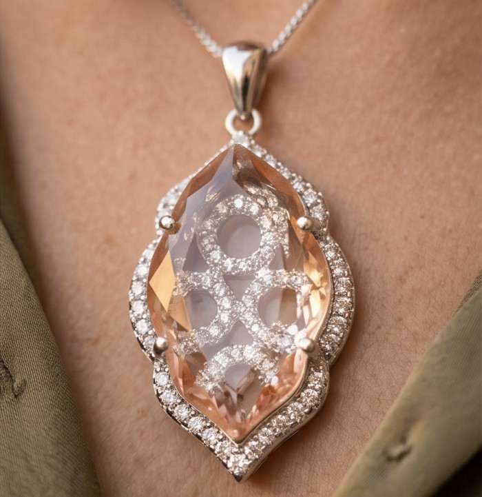 Jasmine 9.9 carat authentic Morganite .925 Sterling Silver Handcrafted pendant - Morganite pendant in .925 Sterling Silver, close-up, worn on neck.