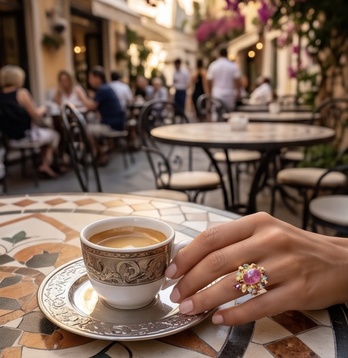 Giovanna Natural 28.6 carat Ruby .925 Sterling Silver dipped in 18K Gold handcrafted Statement Ring size 7 - Worn on hand, Giovanna 28.6 ct Ruby ring, .925 Sterling Silver, cafe setting.