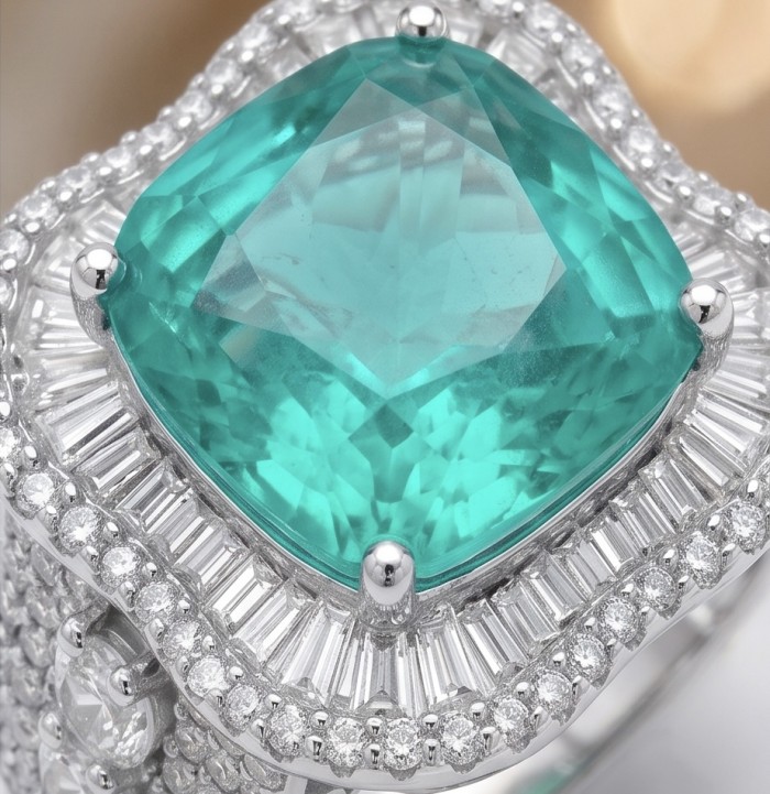 Elizabeth 14.4 carat Colombian Emerald .925 Sterling Silver dipped in Rhodium handcrafted Ring size 8 1/4 - Emerald and diamond ring close-up, Elizabeth 14.4 carat in sterling silver.