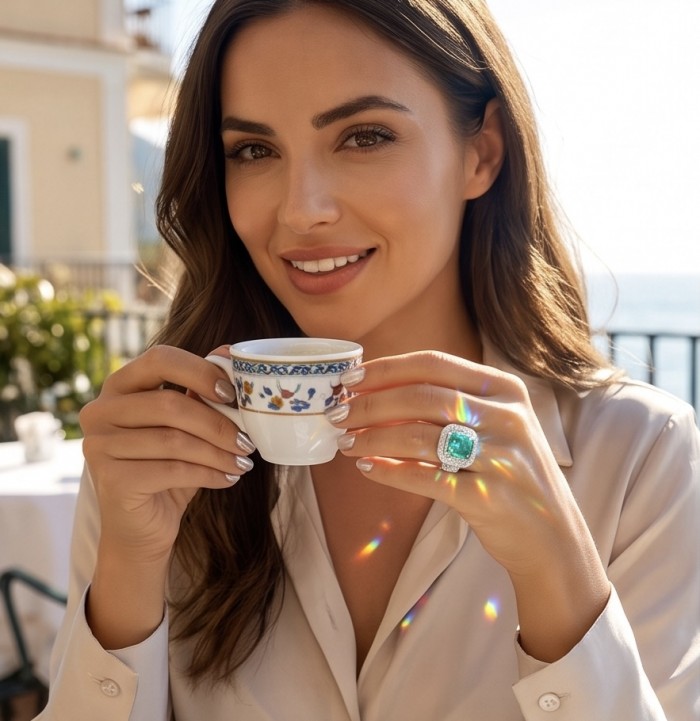 Elizabeth 14.4 carat Colombian Emerald .925 Sterling Silver dipped in Rhodium handcrafted Ring size 8 1/4 - Emerald ring worn on hand, close-up with tea cup.