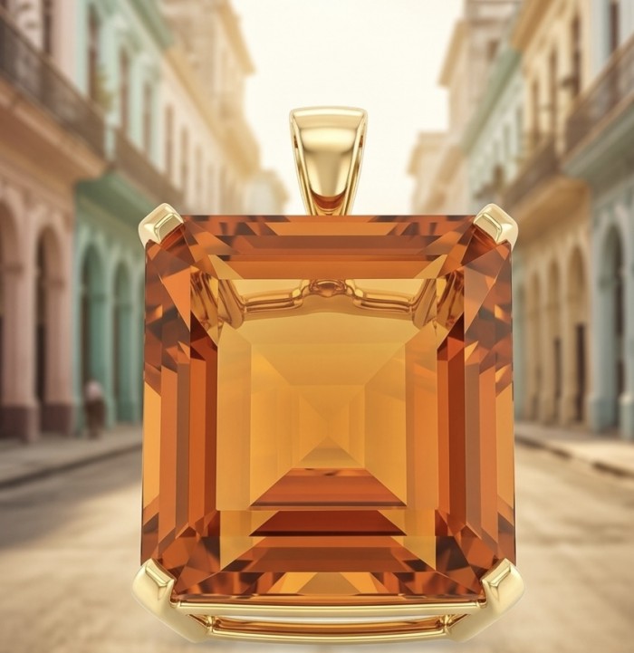 Luxury genuine Fancy asscher cut 29.5 CARAT Champagne Topaz 22K Gold over .925 Sterling Silver handmade Pendant - Close-up of Asscher cut champagne gemstone pendant against rustic street.