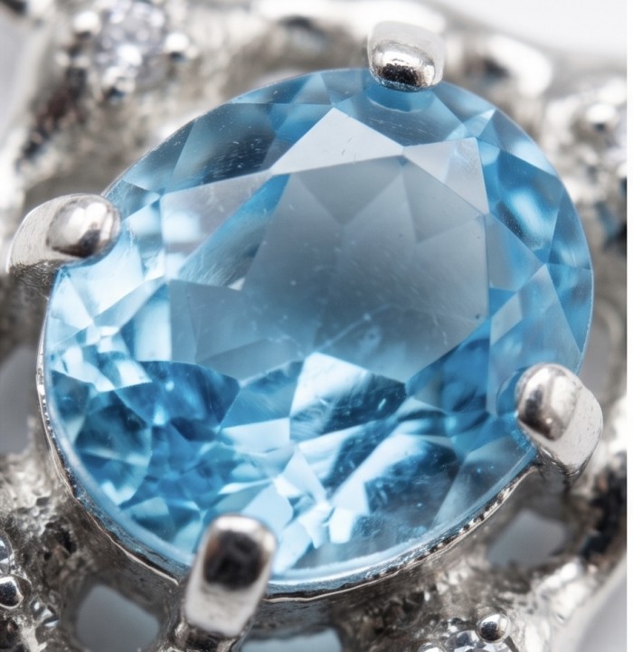 Atlantica - 4.7 carat Swiss Blue Topaz .925 Sterling Silver dipped in Rhodium Handcrafted Statement earrings - Close-up of Swiss Blue Topaz in sterling silver setting.