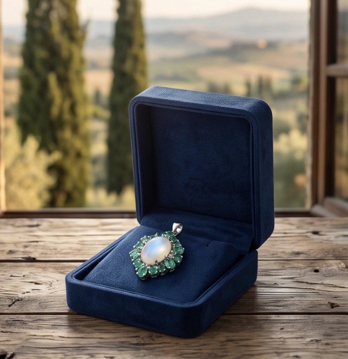 Rosemary - Top quality 17.8 carat Brazilian Rose Quartz .925 Sterling Silver dipped in rhodium Handcrafted pendant - Rose Quartz pendant in blue box, outdoor setting, top view.