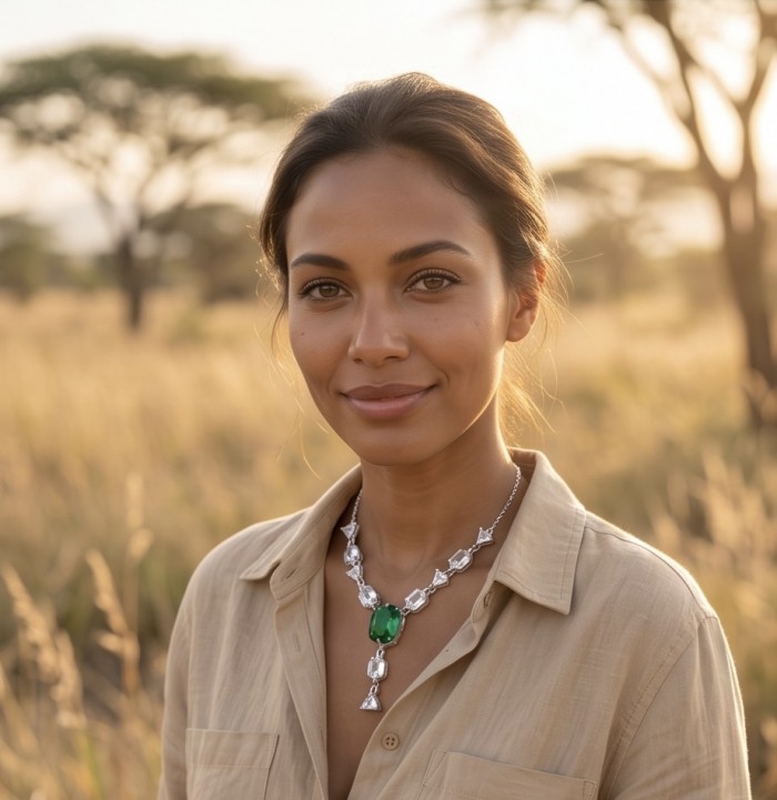 Giovanna - Authentic 7.5 CARAT natural Colombian Emerald .925 Sterling Silver handcrafted necklace - Woman wearing Giovanna necklace with Colombian emerald in nature setting