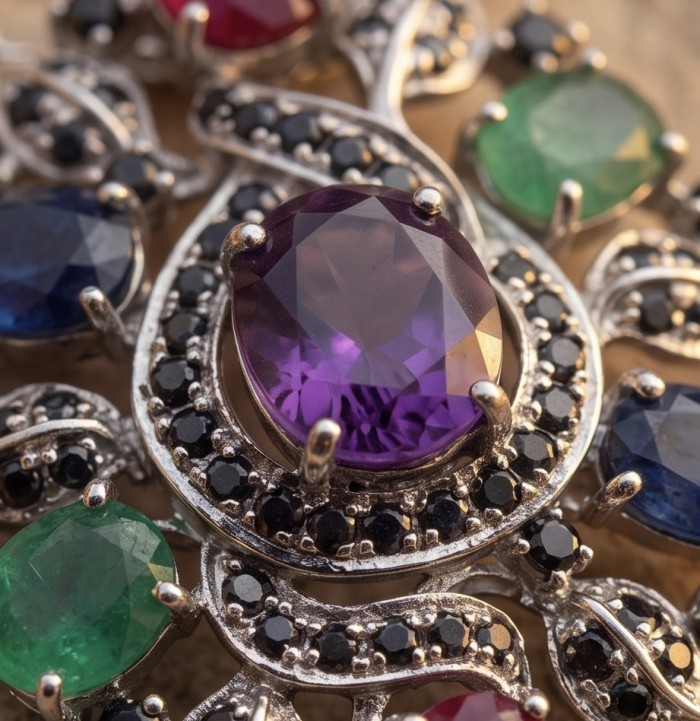 Generational Wisdom - Natural 27.8 carat Multigem .925 Sterling Silver handcrafted Necklace - Pendant - Brooch - Close-up of multigem stones set in intricate silver jewelry.