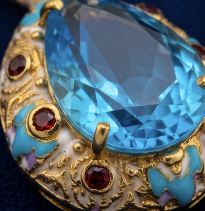 Atlantica - amazing quality PEAR cut 34.5 CARAT genuine Swiss Blue Topaz Enamel 22K Gold over .925 Sterling Silver handmade pendant - Close-up of Atlantica pendant with blue and red gemstones.