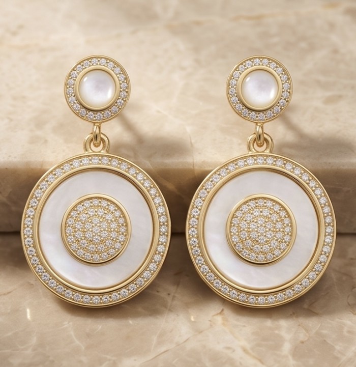 Luxurious Genuine Blister Pearl 0.4 CARAT lab grown Diamond 18K Gold over .925 Sterling Silver handcrafted Statement Earrings - Front view of luxurious pearl and diamond drop earrings on marble surface