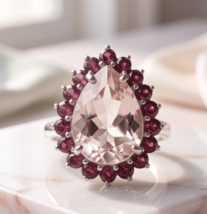 Nirvana Natural Fancy pear cut 15.8 carat White Topaz .925 Sterling Silver dipped in rhodium handmade Statement Ring size 8 - Pear-cut white topaz ring with red stone halo, top view.