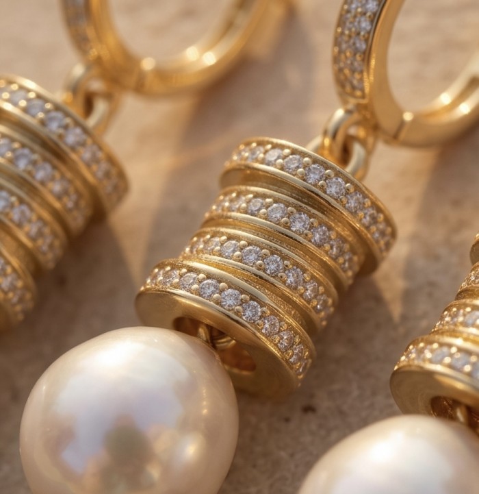 Luxurious Genuine Pearl 0.4 CARAT lab grown Diamond 18K Gold over .925 Sterling Silver handcrafted Statement Earrings - Close-up of earrings with pearls and diamond-studded gold detailing.