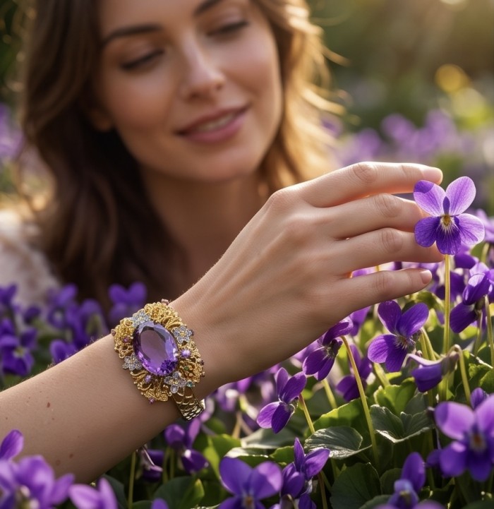 Marie Antoinette's Style - Authentic 41.9 carat African Amethyst .925 Sterling Silver dipped in 18K Gold handcrafted Bracelet - Woman wearing amethyst bracelet in a garden of purple flowers.