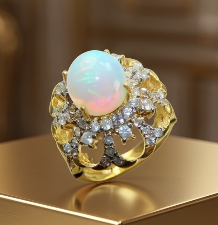 Vitage Victorian Design Genuine 8.8 carat Ethiopian Opal 22K Gold over .925 Sterling Silver handmade Ring size 6 1/4 - Side view of a gold ring with opal and diamond accents.