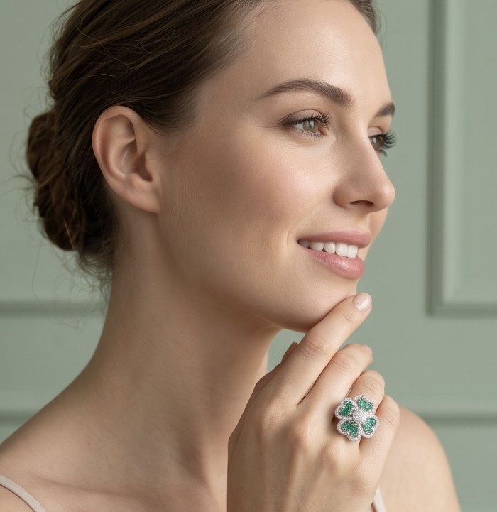 Art deco - Lucky Clover Natural 4.8 carat Colombian Emerald .925 Sterling Silver Handcrafted Cocktail Ring s. 7 - Side view: Lucky Clover ring with Colombian Emerald worn on hand