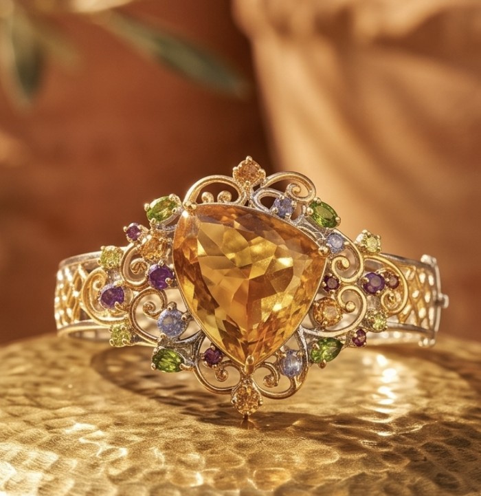 Marie Antoinette's Style - Authentic 28.9 carat Brazilian Citrine .925 Sterling Silver dipped in 18K Gold handcrafted Bracelet - Close-up of ornate bracelet with large triangular citrine centerpiece