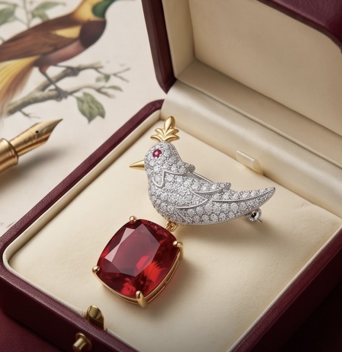 Bird on a Rock - Iconic design - Genuine 12.5 carat Ruby 18K Gold over .925 Sterling Silver handmade Brooch - Side view of bird brooch with 12.5 carat ruby in display box.