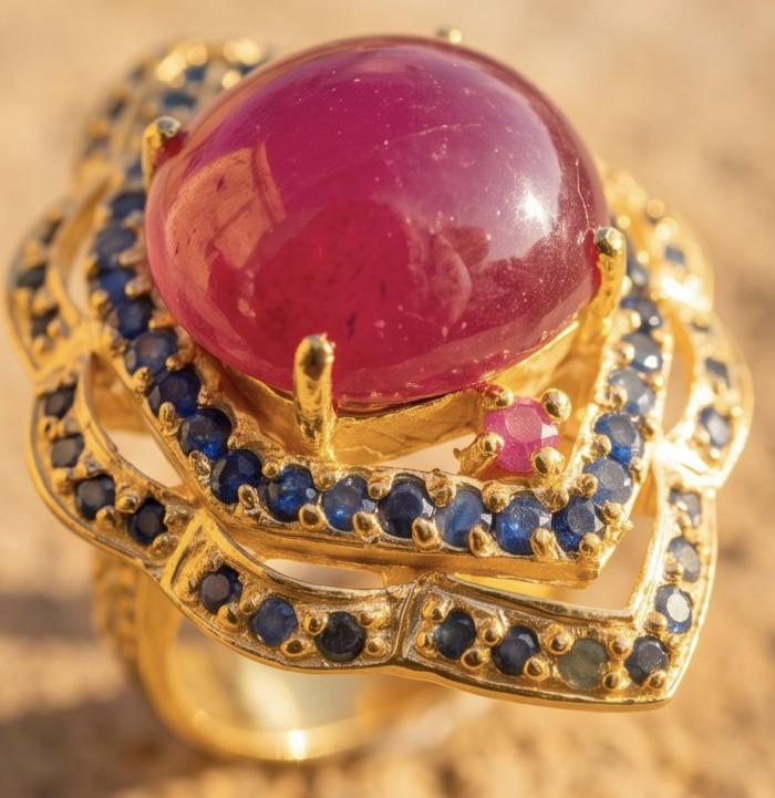 Opera Genuine 28.5 CARAT Mozambique Ruby 22K Gold over .925 Sterling Silver Large Statement Ring size 7 - Close-up of Mozambique ruby ring with gold and blue accents