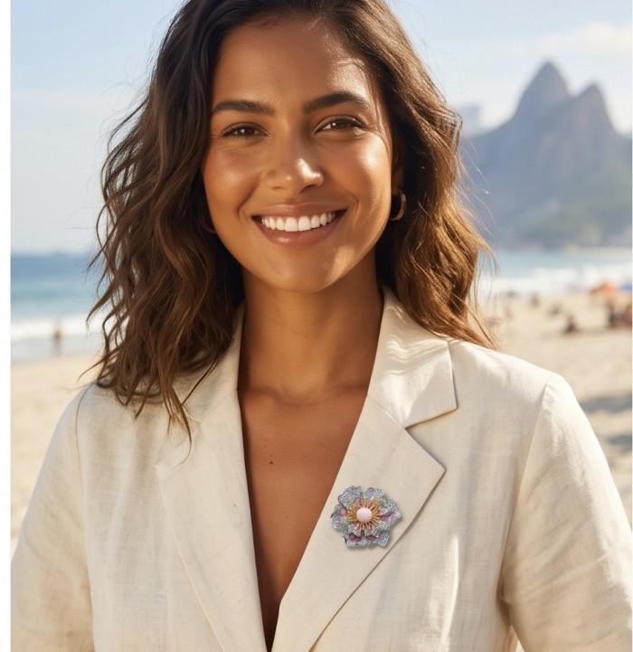Black Label Collection - Retro Style - Rose Genuine PINK OPAL Enamel .925 Sterling Silver dipped in rhodium handmade Pendant - Brooch - Woman wearing a brooch, beach background, close-up on the jewelry.