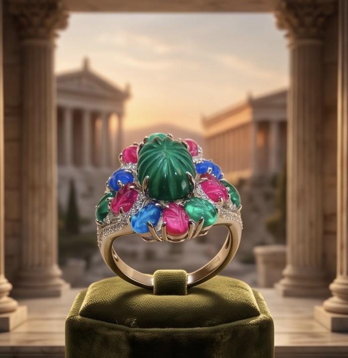 Giovanna 15.5 carat Emerald Ruby Sapphire rhodium over .925 Sterling Silver handcrafted ring size 7 1/2 - Side view of Giovanna emerald, ruby, and sapphire ring on stand