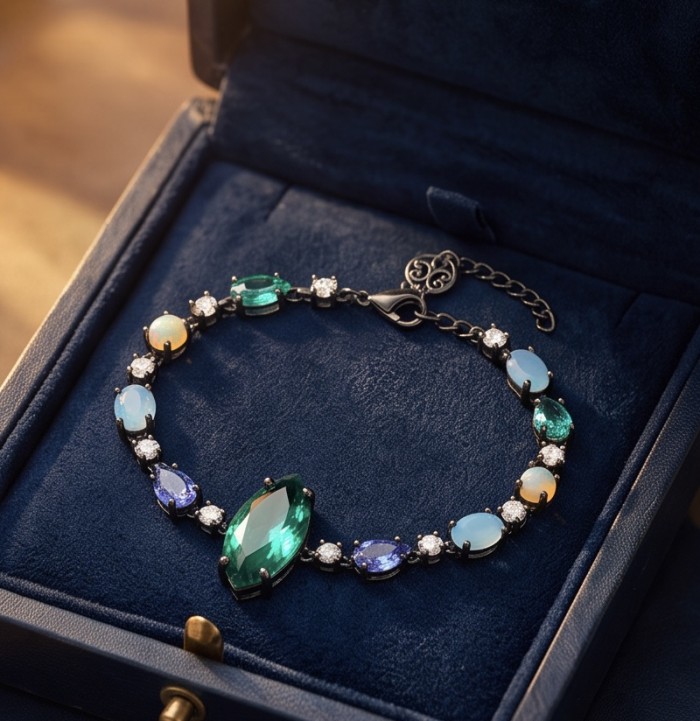 Victoria - Authentic 12.7 CARAT natural Colombian Emerald .925 Sterling Silver dippedin black rhodium handcrafted Statement bracelet - Elegant bracelet with colorful gemstones in a blue velvet box, top view.