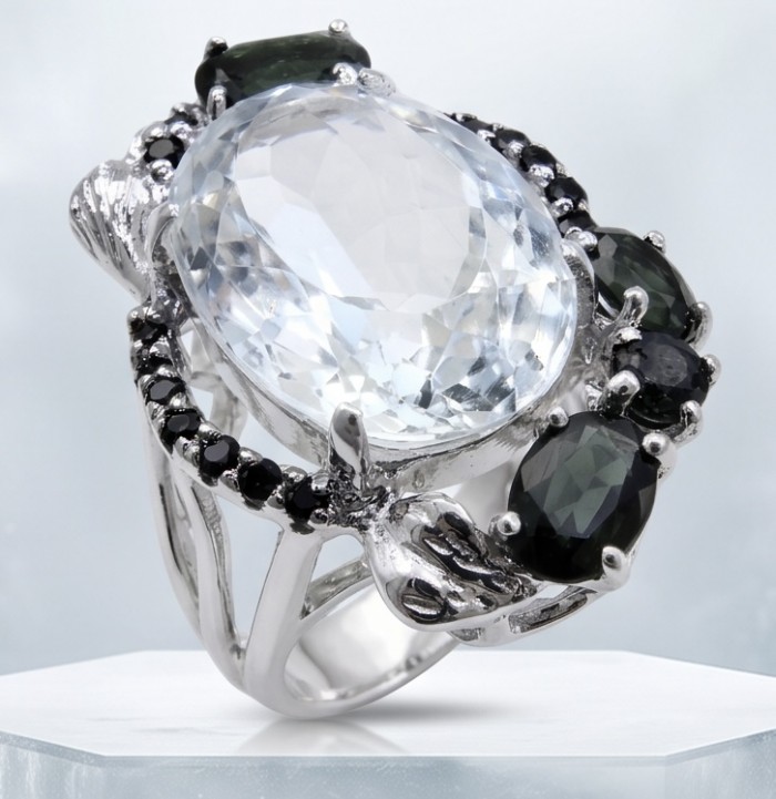 Scarlett 21.8 ctw White Topaz 3.9 carat Onyx rhodium over .925 Sterling Silver handcrafted Statement Ring size 8 - Close-up of Scarlett ring with white topaz and onyx stones, rhodium finish