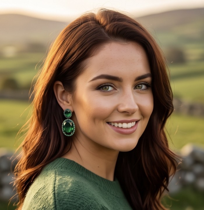 Green Cascade - 12.5 carat Green Topaz 14K Gold over .925 Sterling Silver handmade Statement earrings - Woman wearing Green Cascade earrings, side view in outdoor setting.