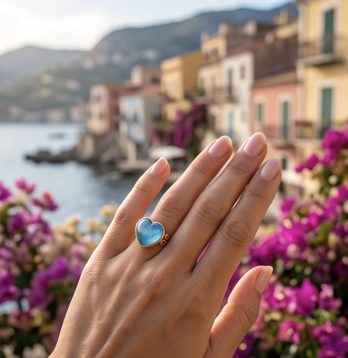 Angel's Heart 19.8 carat Aquamarine 18K Gold over .925 Sterling Silver handmade Ring size 9 - Heart aquamarine 18K gold ring worn on hand with scenic background.
