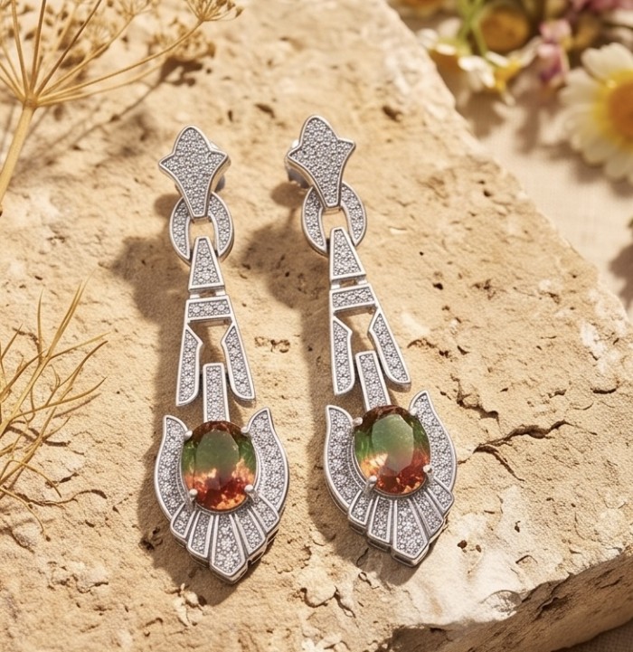 Luxurious 5.5 carat Brazilian Watermelon Tourmaline .925 Sterling Silver Handcrafted Earrings - Elegant earrings with watermelon tourmaline stones on textured surface.