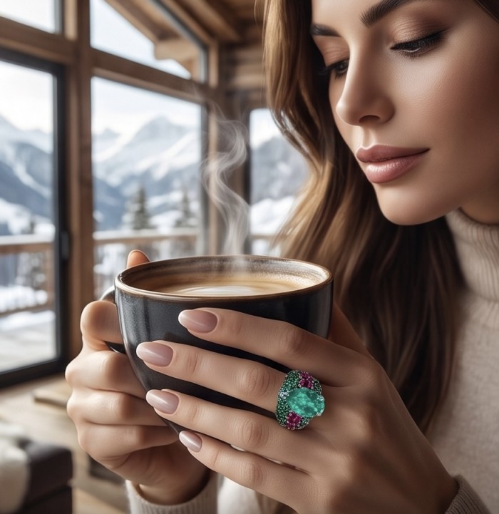 Iconic design - Natural 14.5 carat Emerald 6.8 carat Ruby rhodium over .925 Sterling Silver handcrafted ring size 8 - Emerald and ruby ring worn on hand, close view with coffee backdrop.