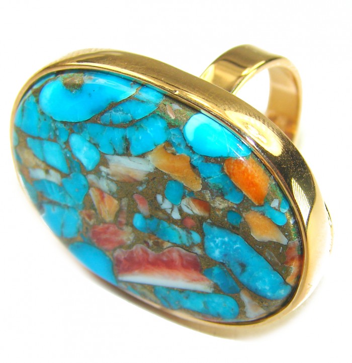 Rare 26.5 carat Oyster Turquoise 18K Gold over .925 Sterling Silver handcrafted Large ring; s. 8 adjustable - Close-up of rare oyster turquoise ring with gold over sterling silver.