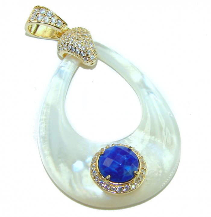 Genuine Blister Pearl lab grown Diamond 18K Gold over .925 Sterling Silver Statement pendant - Teardrop pendant with blue stone, gold accents, and diamonds, front view.