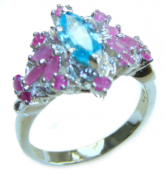 Emily 8.5 carat Swiss Aquamarine Ruby .925 Sterling Silver handmade Statement Ring size 7 - Side view of sterling silver ring with aquamarine and ruby stones.