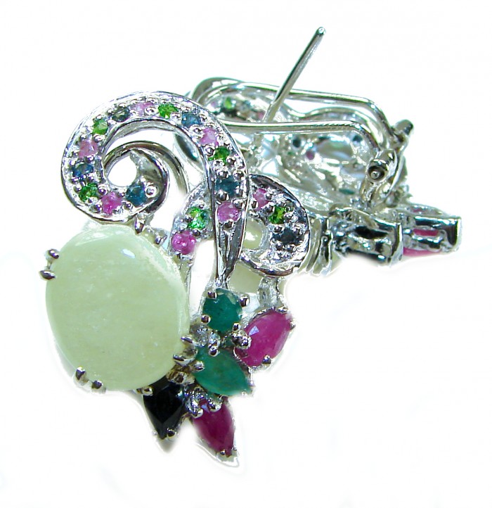 TIFFANY 5.2 carat 6.8 CARAT Australian White Opal .925 Sterling Silver incredible handcrafted Earrings - Close-up of multicolored gemstone earrings with white opal centerpiece.