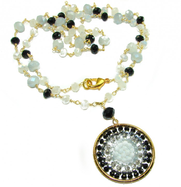 Magnificent Moonlight Crystal Onyx 14K Gold over .925 Sterling Silver handmade Necklace - Necklace angled view with clasp and pendant detail.