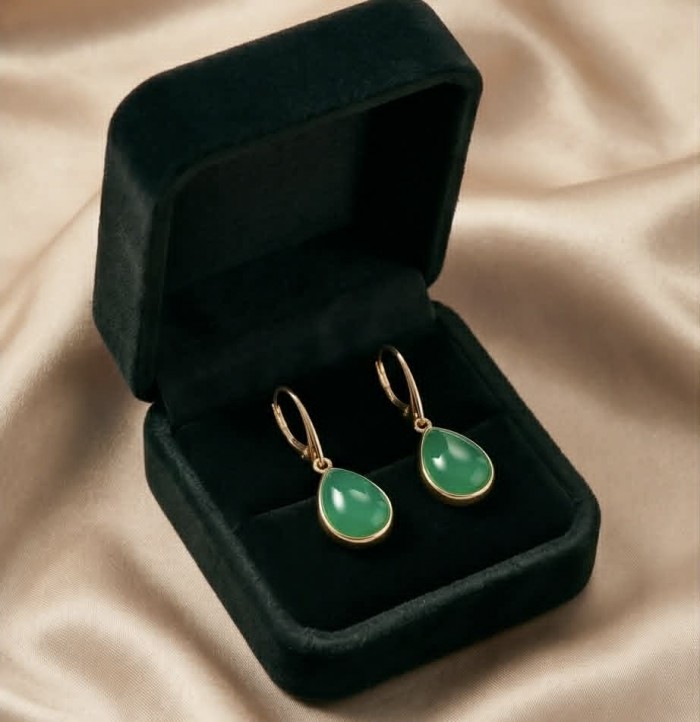 Unique genuine Jade 18K Gold over over .925 Sterling Silver handcrafted earrings - Emerald jade earrings in black box, front view.