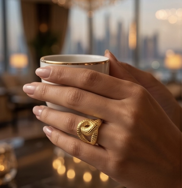 Dubai Style - Golden knot - .925 Sterling Silver dipped in 22K Gold handmade Large ring size 8 - Golden knot ring worn on hand holding a cup, elegant setting.