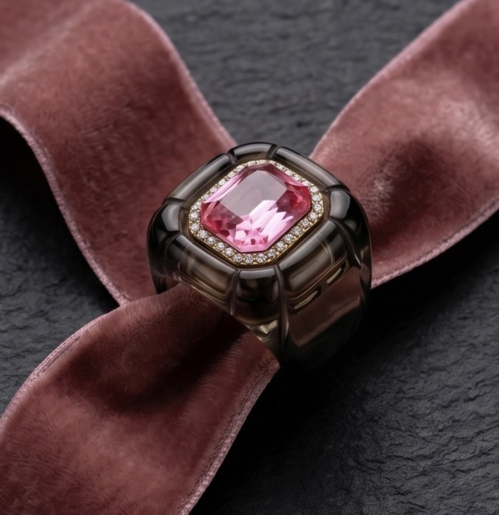 Candy Store - Modern Design Natural Brown Raisin Pink Topaz .925 Sterling Silver ring size 8 1/4 - Stone close-up of brown ring with pink topaz on velvet ribbon.