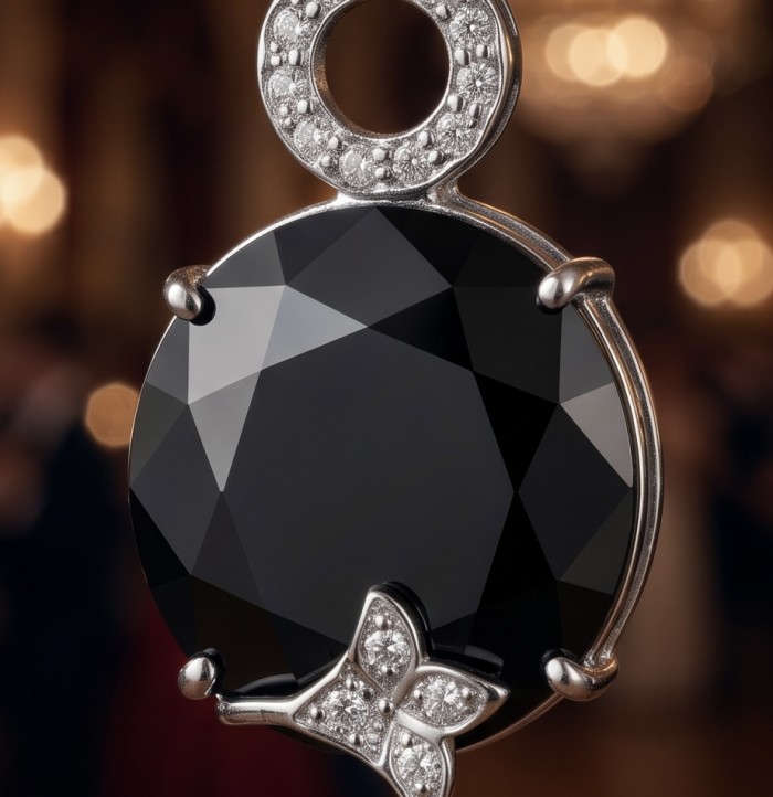 Black Rose - Oval shape Genuine 20.5 carat Onyx .925 Sterling Silver handcrafted pendant - Onyx pendant close-up with diamond accents, luxury jewelry detail