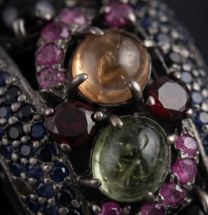 Stella 17.5 carat Brazilian Watermalon Tourmaline black rhodium over .925 Sterling Silver handmade Pendant - Close-up of Stella jewelry with multicolored gemstones and black rhodium.